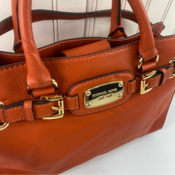 Michael Kors Hamilton Orange Pebble Leather Gold Chain Satchel Shoulder BagPurse - Picture 5 of 16